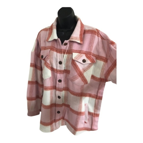 Kensie pink white colorblock plaid fleece flannel look button down shacket Large - Picture 15 of 16